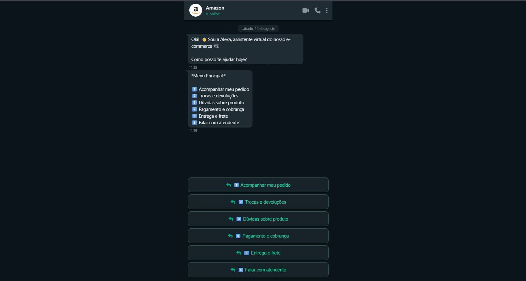 Screenshot do projeto Bot de Atendimento — Estilo Amazon