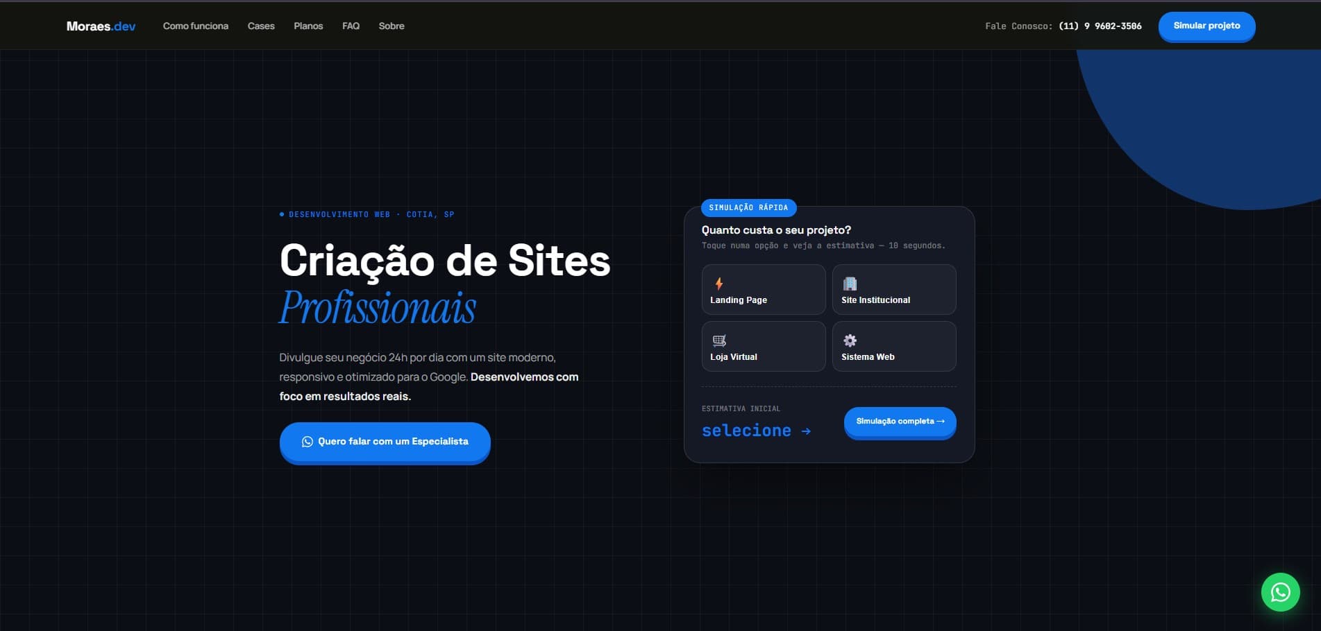 Screenshot do site MoraesDev — Site & Simulador de Orçamento