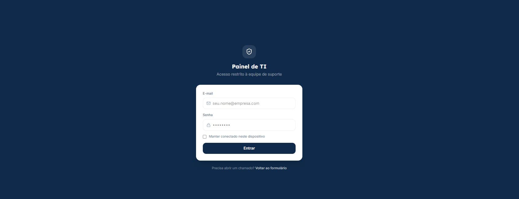 Tela de login da Plataforma de Gestão de TI (dados de exemplo)